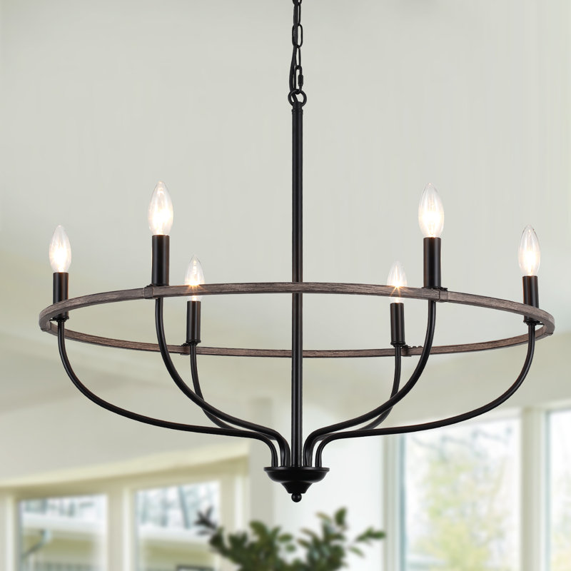 6 - Light Dimmable Wagon Wheel Chandelier, Black/Brown