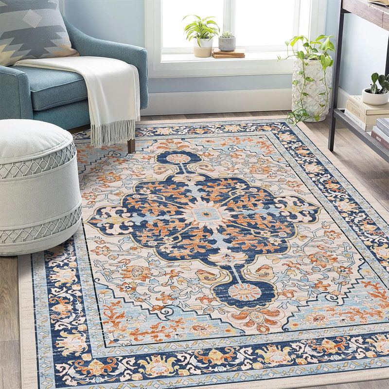 Boho Oriental Area Rug Non-slip Washable Low Pile Carpet, Blue, Rectangle 5'× 7'