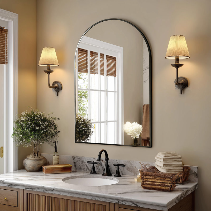 Aluminum Framed Arched Wall Mounted Bathroom Vanity Mirror, Black, 36" x 24"