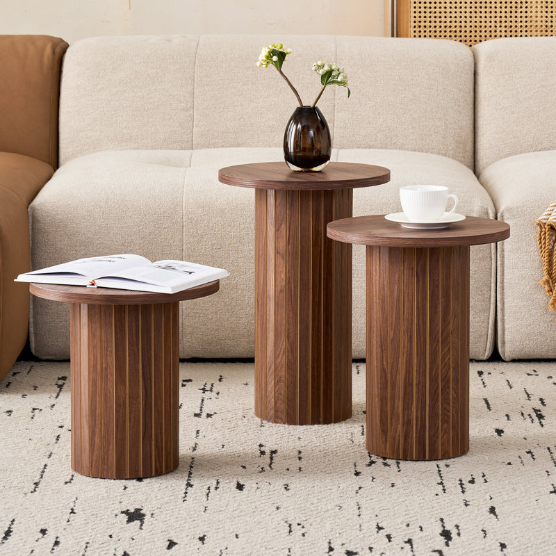 3-Piece Modern Round Nesting Table Set, Groove Line Cylinder Bases with Wood-Grain Veneer, Grown