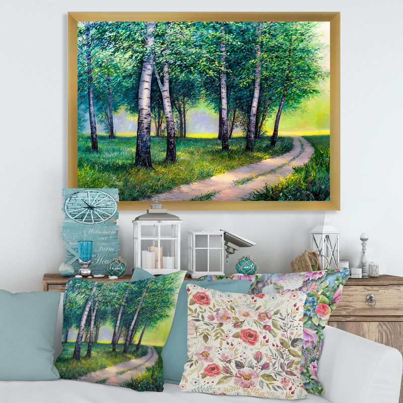 Summer Forest Road By The Birches - reproduction de Lake House, H 30 po x l 40 po x 1,5 po, Encadrement doré