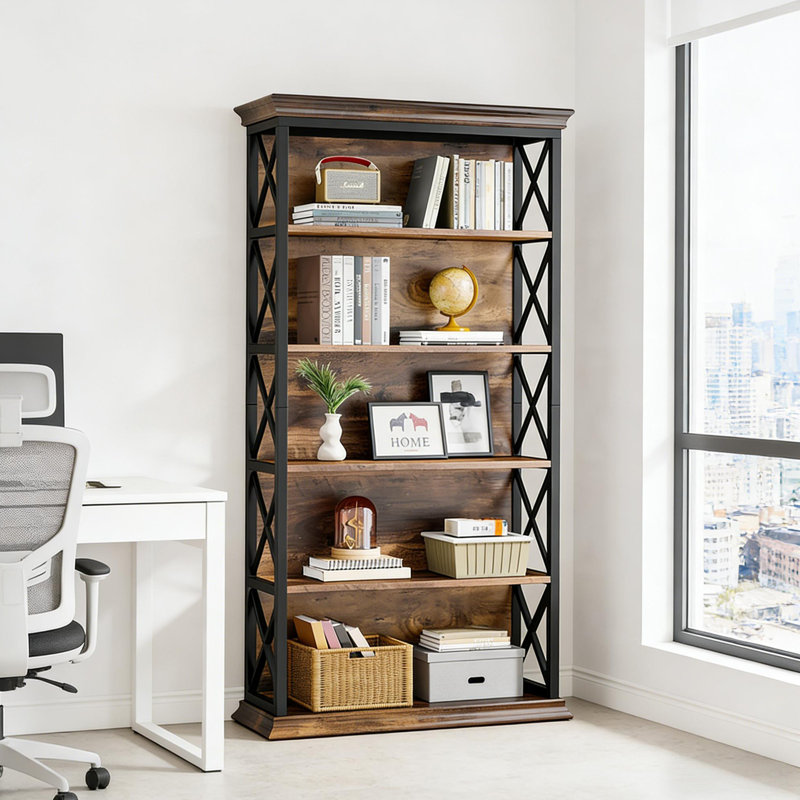 Bibliothèque élégante et spacieuse en métal et en bois avec accents en X, parfaite pour le rangement à la maison ou au bureau et pour améliorer l'esthétique.