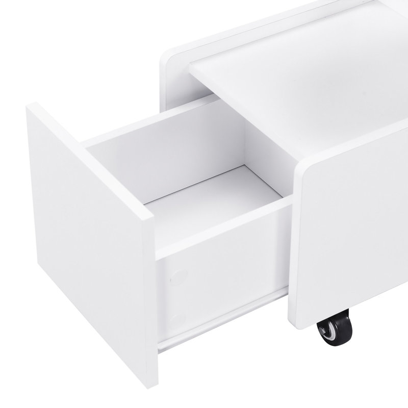 Mobile End Table With Lockable Wheels, Cream Style Side Table With Storage Drawer, 11.8Inch Narrow Nightstand With Multi-Layer Storage, Living Room