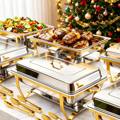 Ensemble de chauffe-plat 9 pte avec pinces pour aliments, chauffe-plat pliable pleine grandeur, fournitures de restauration en acier inoxydable pour la fête, le banquet, le repas, rectangulaire, paquet de 6