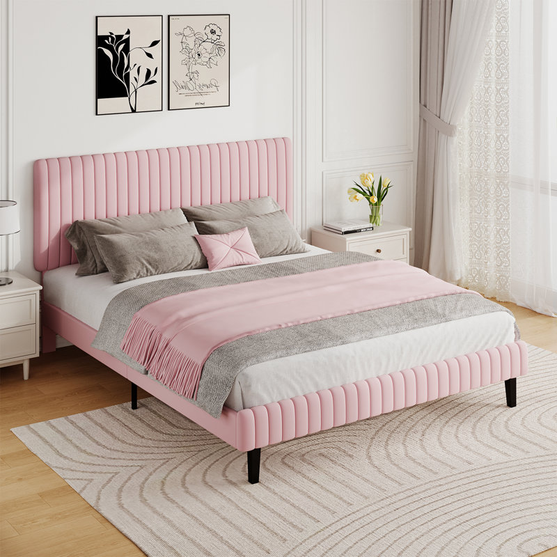 Velvet Upholstered Platform Bed Headboard and footboard with soft-padded vertical channel quilting, Pink, Full
