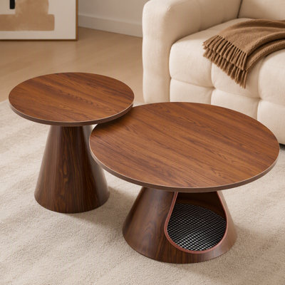 Ensemble de 2 tables basses gigognes, tables d'appoint rondes avec lit-grotte intégré pour chat, table de bout moderne avec plateau en grain de bois de mélamine et base en acier au carbone pour le salon, petit espace