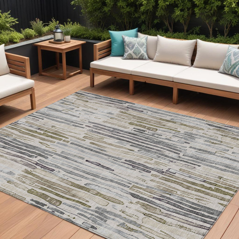 Tapis extérieur lavable rayé beige et gris 9 pi x 12 pi