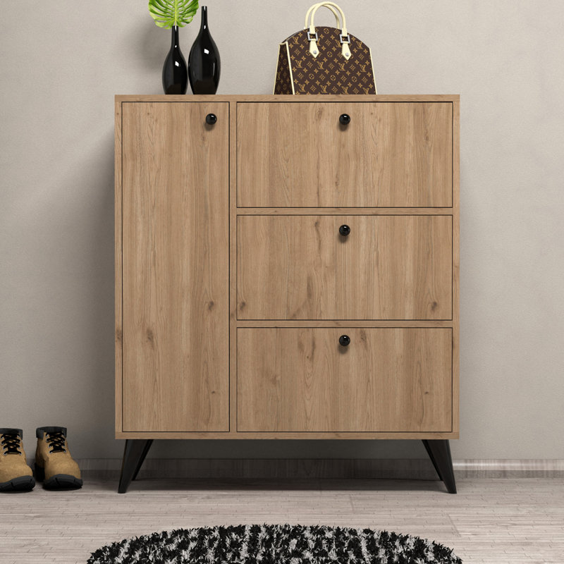 9 Pair Shoe Storage Cabinet, Oak/Black
