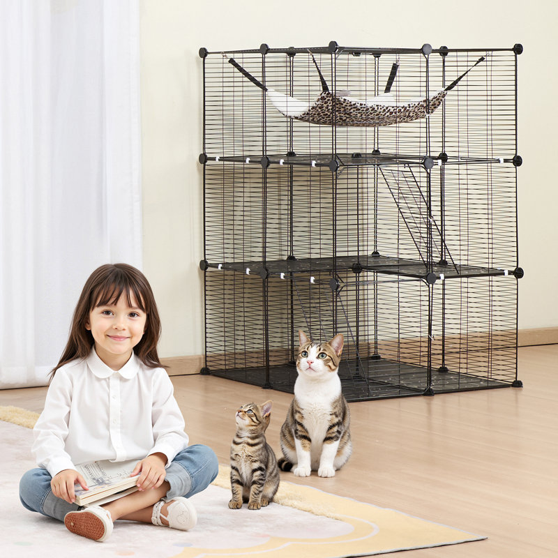 Grande cage à chat à 3 niveaux, 28 po x 28 po x 41 po, clôture pour chat durable en fil métallique détachable, avec grand hamac 2 échelles à rampe, convient pour les chats à l'intérieur et à l'extérieur, facile à assembler, noir