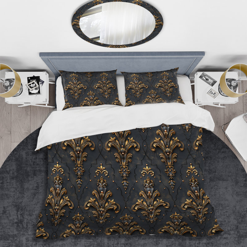 Ensemble de housse de couette Glam Damask II brun doré Glam, Housse de couette simple + 2 taies décoratives st