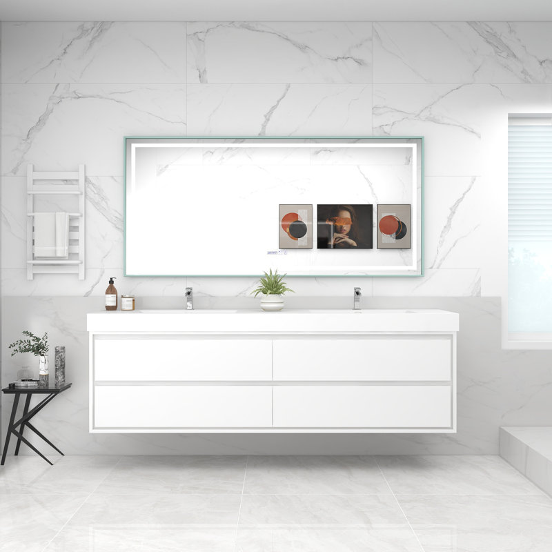 Base de meuble-lavabo mural 84 po Moreno avec plateau en acrylique renforcé Moreno, Blanc brillant