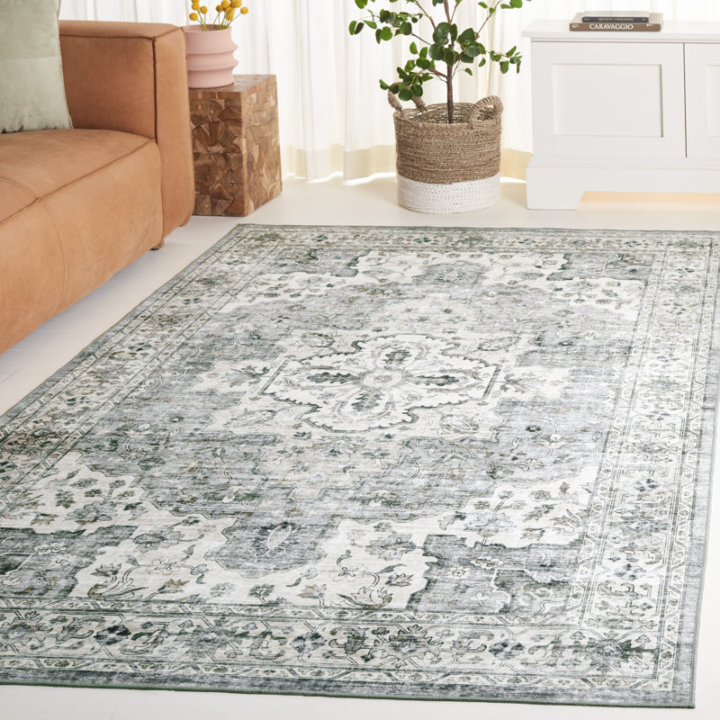 Tapis oriental en polyester tissé à la machine en gris clair / beige Lonon, Rectangle 5 po x 8 po