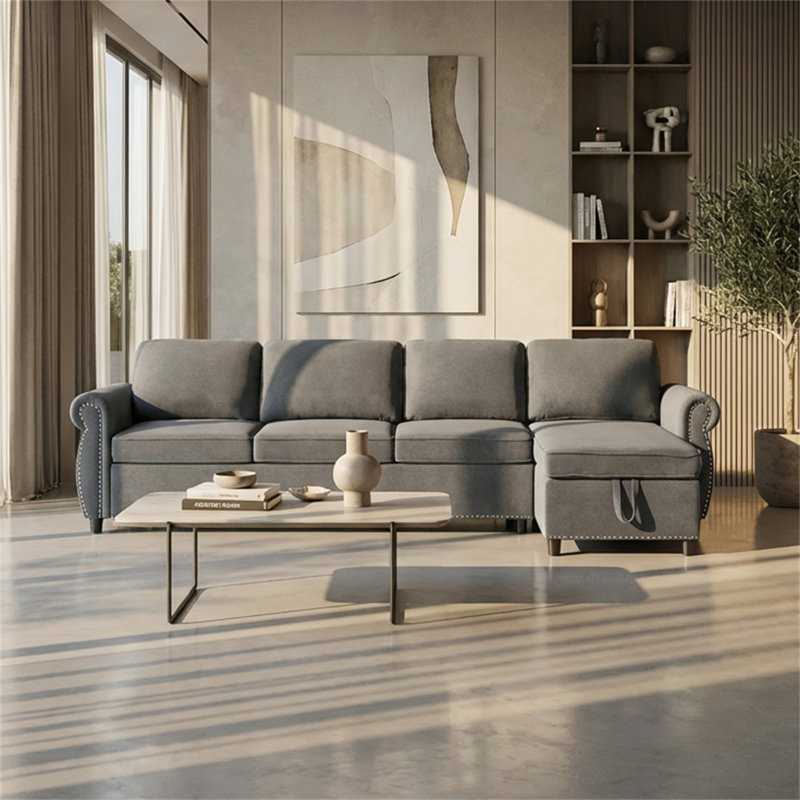 Canapé modulaire en forme de L de 106,5 po, canapé-lit escamotable 2 en 1, canapé en flanelle à 4 places en tissu, avec ports de chargement USB et espace de rangement