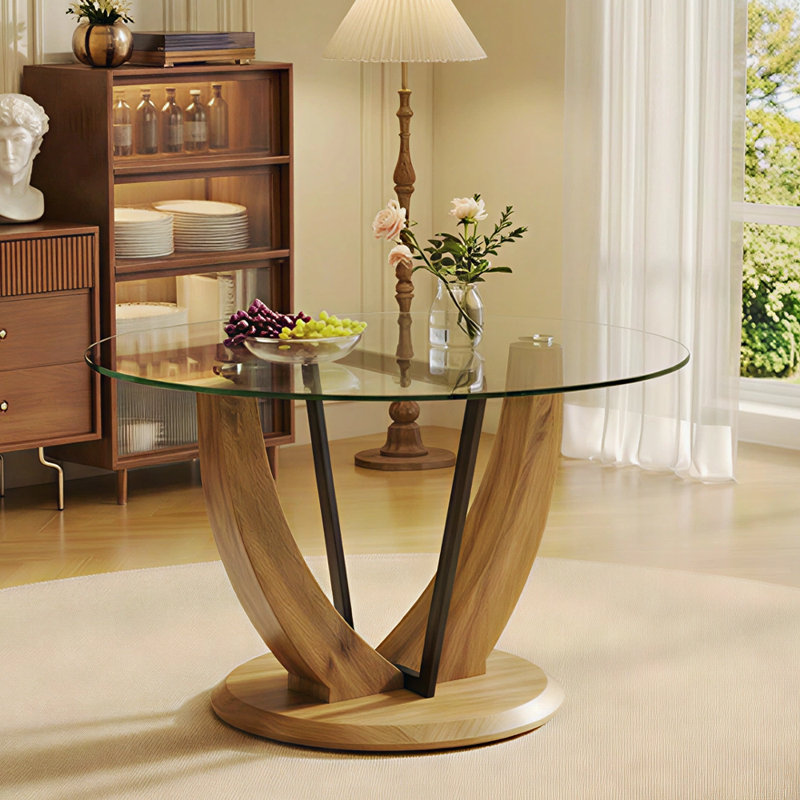 Round Dining Table For 4/6, 48 Inch Dining Room Table, Wood Small Kitchen Table With Stable Pedestal, Clear/Brown