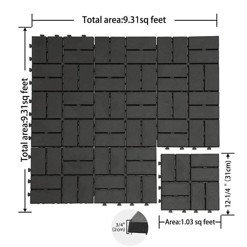 Carreaux de terrasse à emboîtement de patio, paquet de 9 tuiles de terrasse carrées composites de 12 po x 12 po, carrelage extérieur en plastique à carreaux pour terrasse