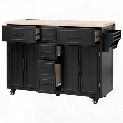 56.5'' Kitchen Island With Drop Leaf, Power Outlet, Embossed Vertical Stripe Rolling Kitchen Cart On Wheels With 4 Doors , 5 Deep Drawers And Adjustable Shelves, For Kitchen, Dining Room