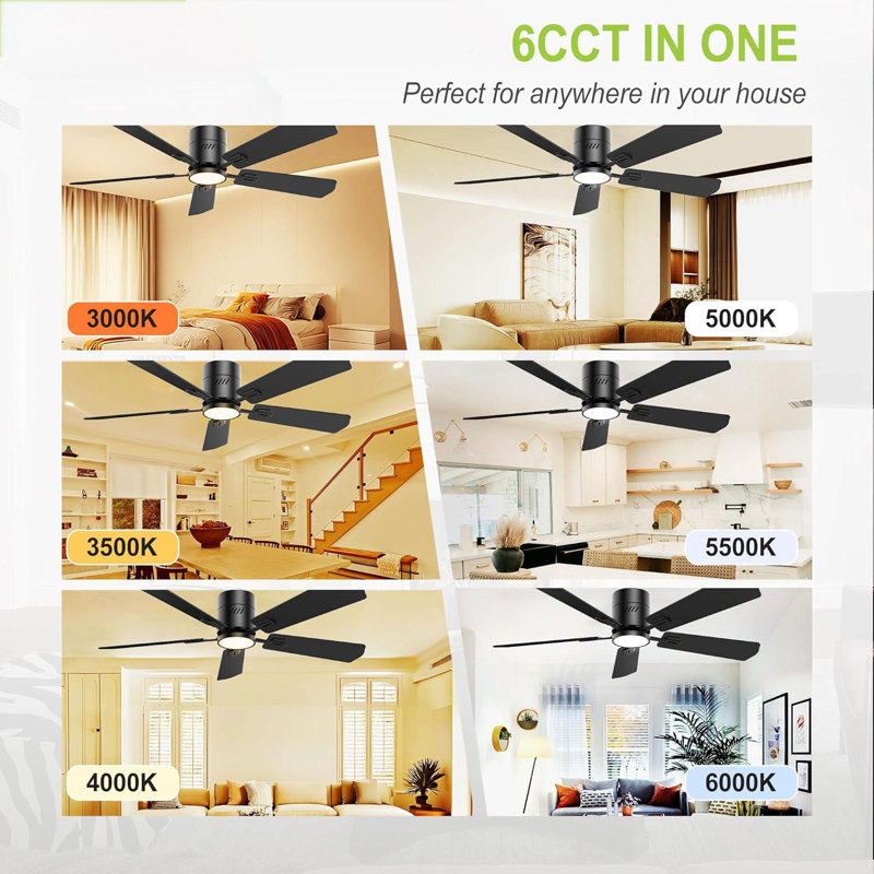 52 Inch 5 Blades Ceiling Fans With Lights,Flush Mount,6CCT, Low Profile Ceiling Fan With Light And Remote Control,DC Motor,Ceiling Fan For Bedroom, Kitchen,Living Room,Indoor/Outdoor Use