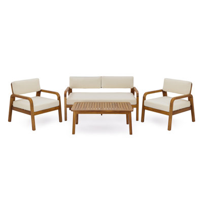 Ensemble de patio 4 pièces en bois d'acacia au fini teck, causeuse intérieure / extérieure et 2 fauteuils avec table basse, dossier à lattes et coussins crème résistants à l'eau