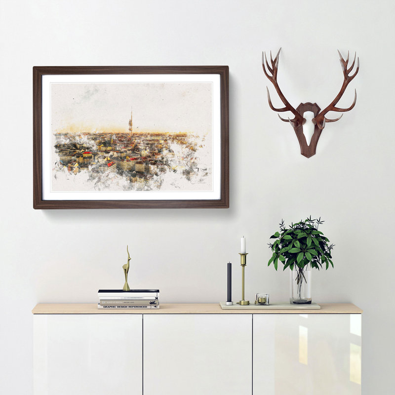 Skyline of Prague - Picture Frame Graphic Art Print, 24cm H x 33cm W x 2cm D, Walnut Framed