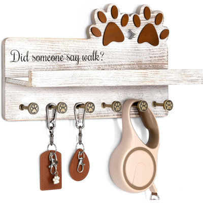 Farmhouse Dog Leash Holder For Wall ，Decorative Key Hooks Wall Mount With Paw Shape And 6 Unique 3D Hooks， Dog Lover For Home Decor