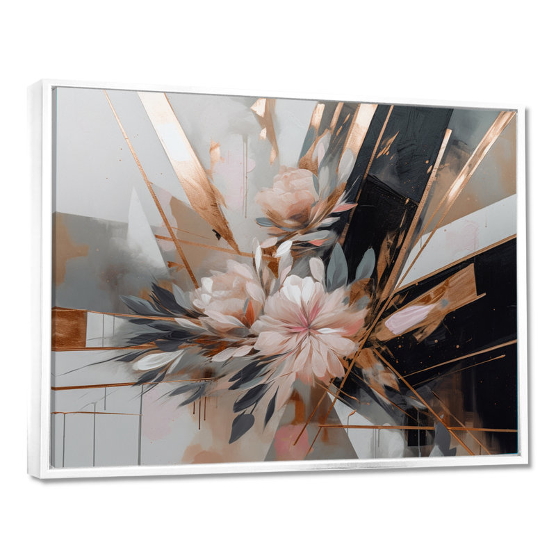 «Rose Gold Linear Floral Elegance II», art mural floral, H 30 po x l 40 po x P 1,5 po, Cadre flottant blanc