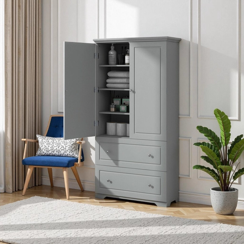 Large armoire de rangement pour salle de bain avec 2 tiroirs et tablettes réglables - Armoire autoportante en panneau de fibres à densité moyenne avec dispositif anti-basculement