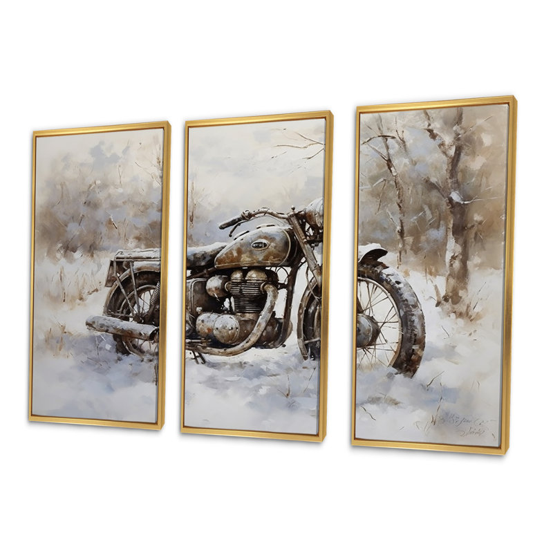 Vieux vélo rustique en hiver - ensemble d'art mural en toile de moto, Cadre flottant doré, H 40 po x l 60 po x P 1 po