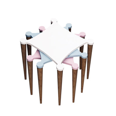 Modern Nesting Table Set (3 Pieces), White & Pink & Blue & Walnut, 19.7 x 19.7 x 20.5 inches | 100% Melamine Coated Particle Board, Lacquer Finish, Sturdy Wooden Legs | Stylish & Functional for Living Room & Office