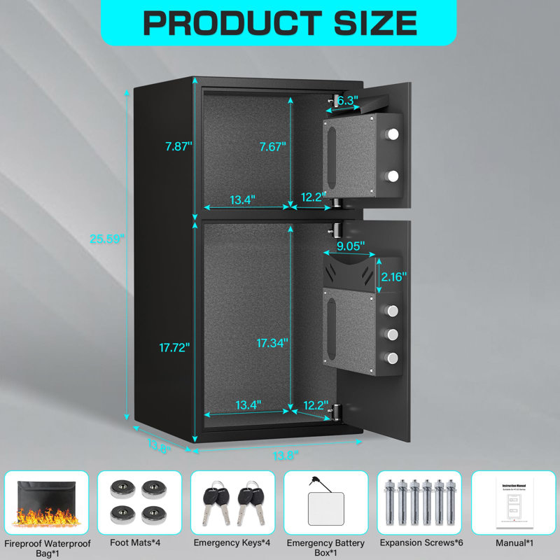 6.0 Cuft Large Biometric Fingerprint Safe Fireproof Waterproof, Anti-theft Money Safe Box With Deposit Slot & Dual Alarm System, Backlit Keypad Security Document Safe For Home Office Hotel