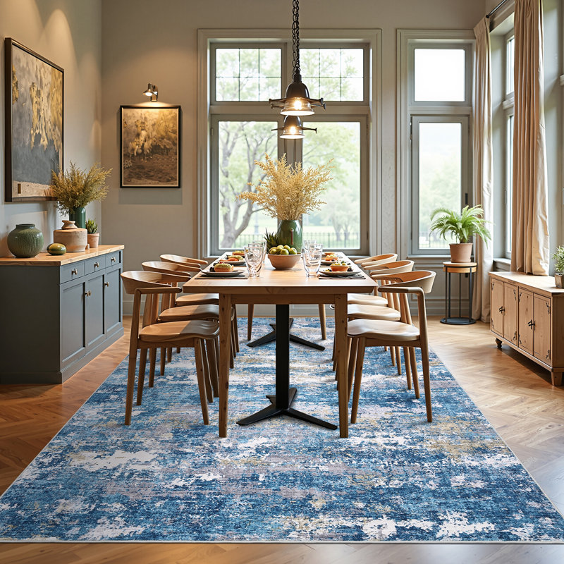 Tapis moderne lavable abstrait avec envers antidérapant, Bleu clair, 9 x 12 pi