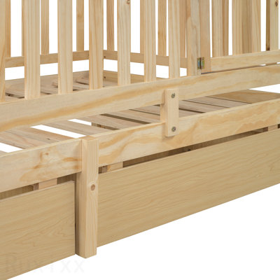 Lit de jour simple en bois avec barrière de sécurité et 2 tiroirs, divisée en lit de jour indépendant et lit de jour, naturel