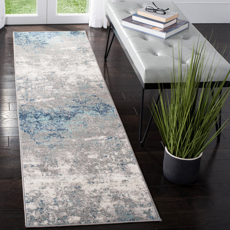 Tapis abstrait gris clair / bleu N'Keal, Tapis de couloir 2 pi x 6 pi, Light Grey/Blue