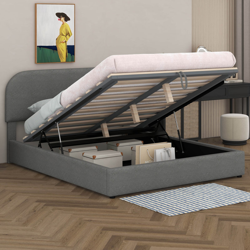 Teddy Fleece Upholstered Platform Bed with Hydraulic Storage System, Gray, Queen