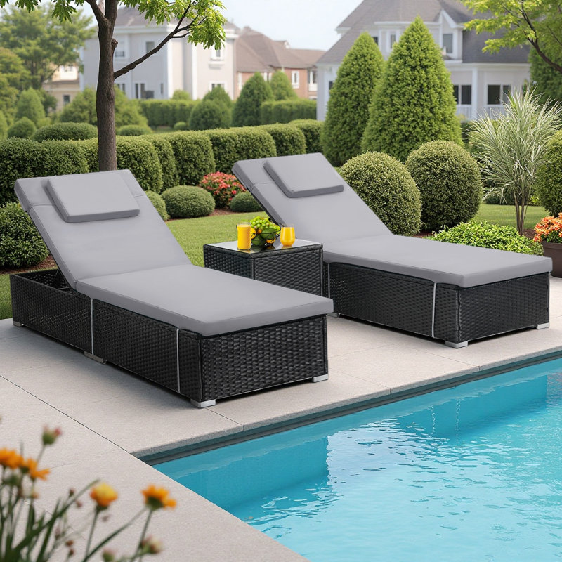 Set of 2 All-Weather Wicker Outdoor Chaise Lounges - Adjustable Backrest, Washable Cushions with Side Table, Light Gray