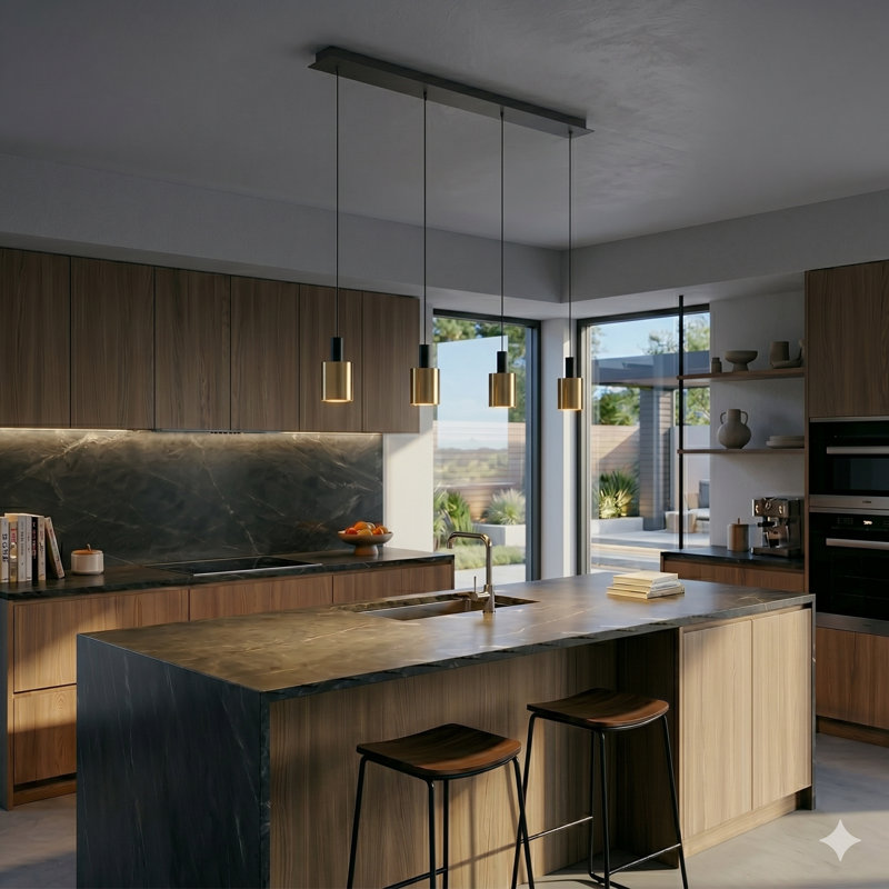 Luminaire suspendu linéaire à 4 lumières pour îlot de cuisine Essoura, Noir / Laiton