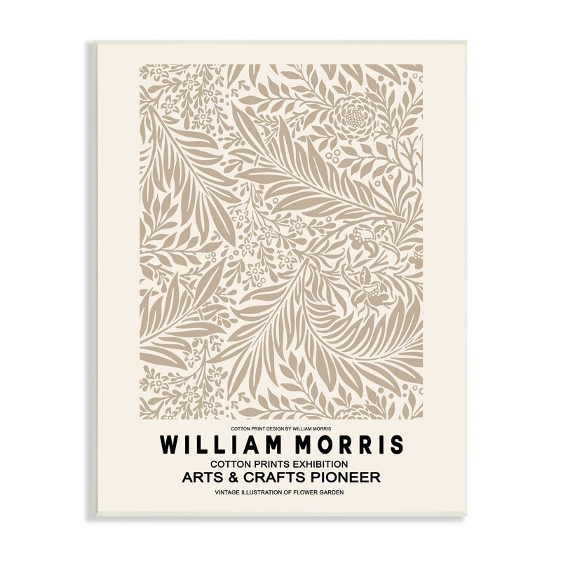 Texte détaillé sur les feuilles botaniques beiges de William Morris, Plaque murale, L 16 po x H 16 po