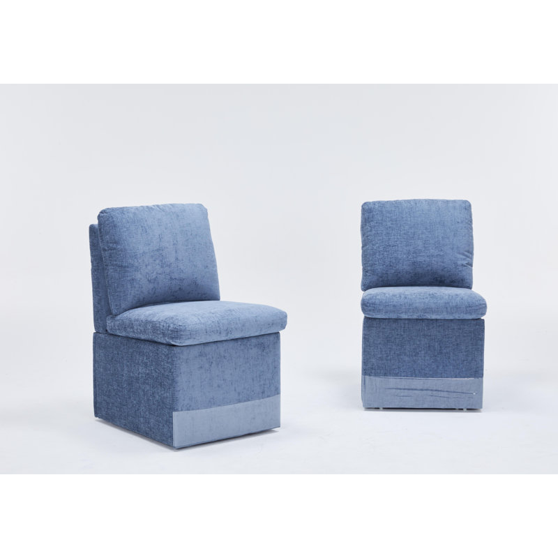 Linen Upholstered Armless Dining Chair with Casters and Storage space-set of 2, Blue