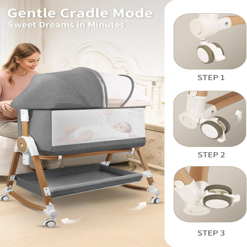 4 in 1 Baby Bassinet Bedside Sleeper & Co-Sleeper W/ Wheels, Storage Basket, Adjustable 7 Heights, Mosquito Net, Breathable Mesh Cradle for Infants Toddler, Grey