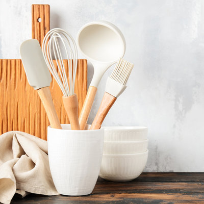 Ensemble d'ustensiles de cuisine en silicone avec poignées en bois antidérapantes et support de rangement