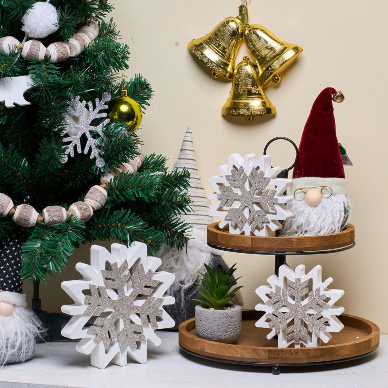 Rustic Farmhouse Wooden Brown 2 Tiered Tray with Metal Handle and Distressed Bead Garland