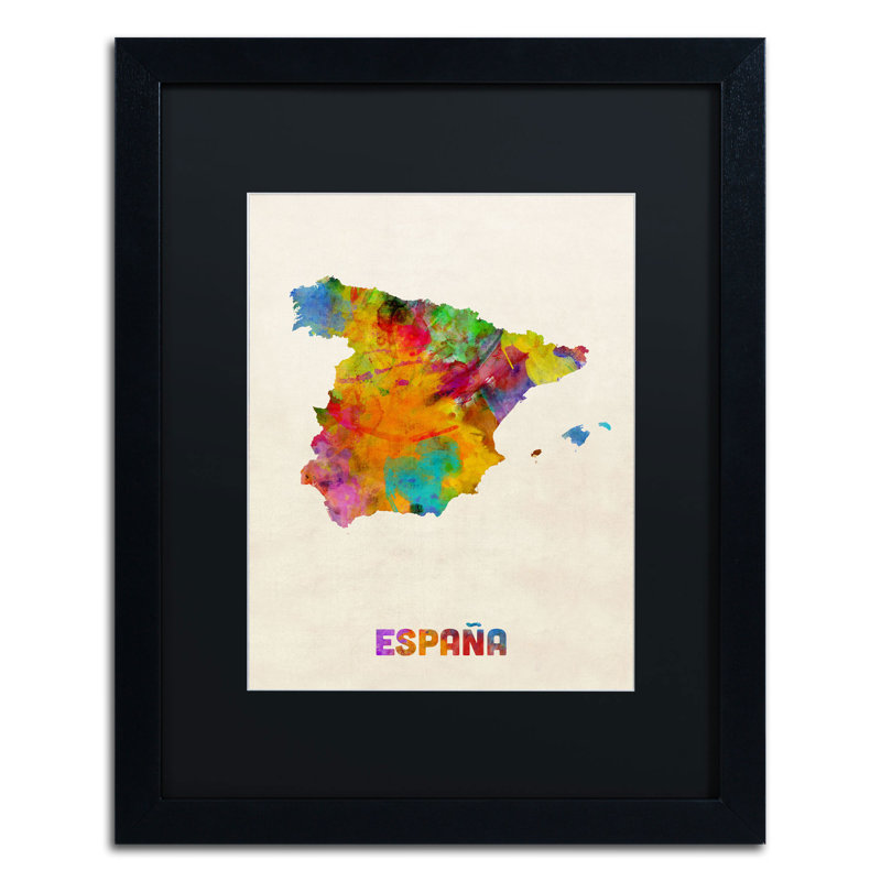 « spain aquarelle map » par michael tompsett, impression encadrée, H 20 po x l 16 po, Noir