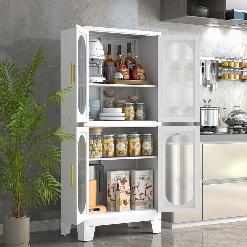 Armoires de rangement pour garde-manger Mordern avec portes en acrylique et tablettes réglables, Blanc