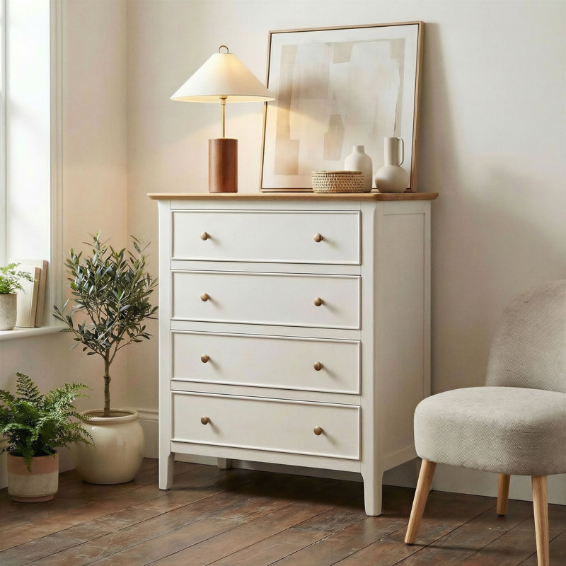 Bodkin Wooden Rustic Chest of Drawers - Traditional Farmhouse Style, 92cm H x 82cm W x 40cm D, Oak/Cream