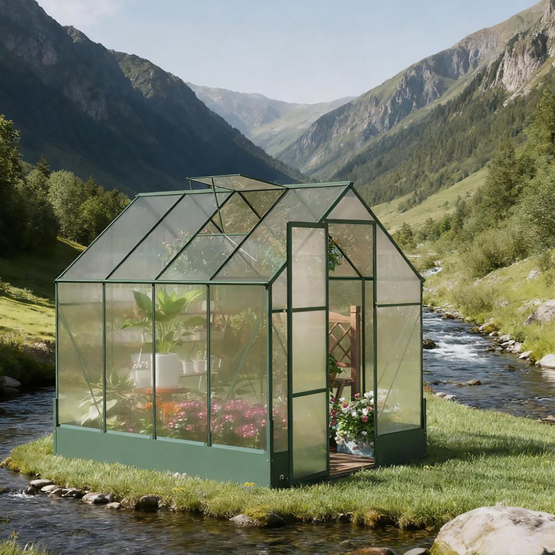 Serre en polycarbonate de 8 pi x 6 pi avec évent de toit et gouttière, Vert, H 86,4 po x l 74,4 po x P 98,4 po