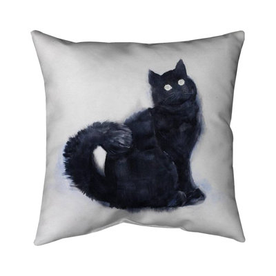 Furry black watercolor cat - 16"x16" Throw pillow - Poly twill - Print on demand