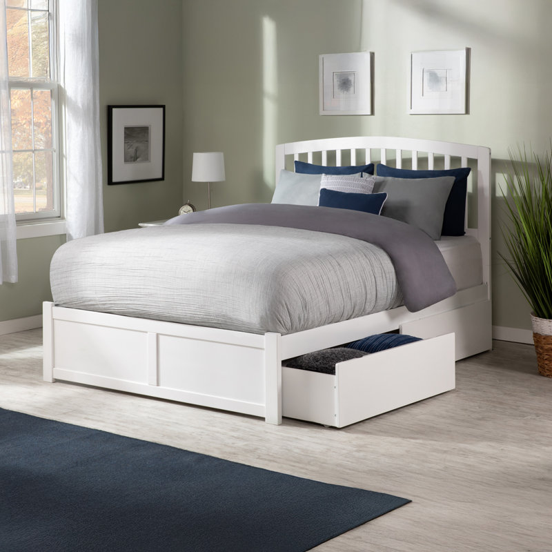 Florio Solid Wood Storage Platform Bed with Footboard and Under Bed Drawers, Queen, White