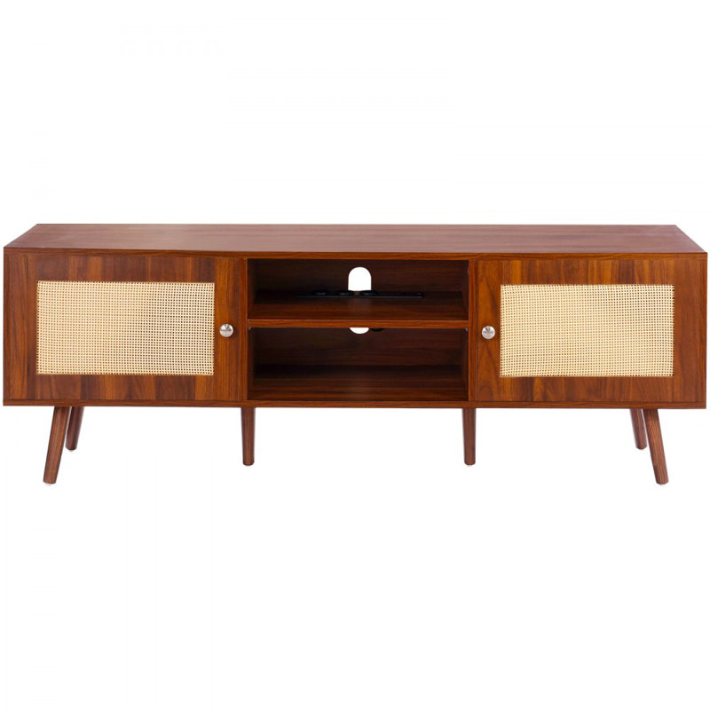 Rattan TV Stand, Mid Century Modern TV Stand for 65 inch TV, Boho Rattan TV Cabinet with Build-in Socket and USB Ports, Adjustable Shelfs for Living Room, Media Room
