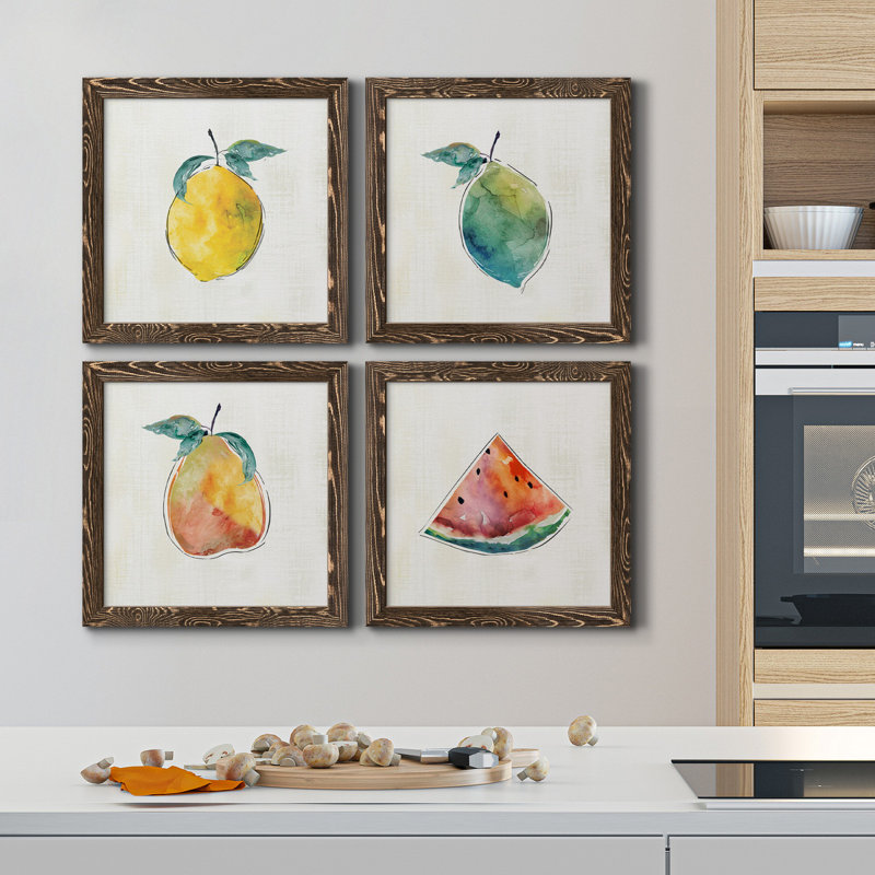 Happy Lemon - ensemble de 4 peintures sur toile encadrées, H 17 po x l 34 po x P 1,5 po, Cadre noyer