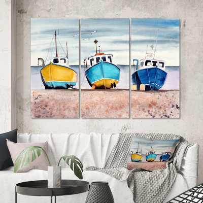 Nautical Three Colorful Fishing Boats Sandy Seashore Canvas Wall Art - Fishing Boats