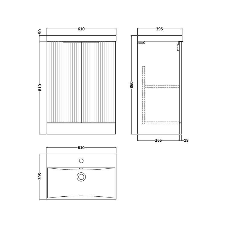 Fluted 610mm Single Bathroom Vanity with Drop In Vitreous China Basin, Satin Grey